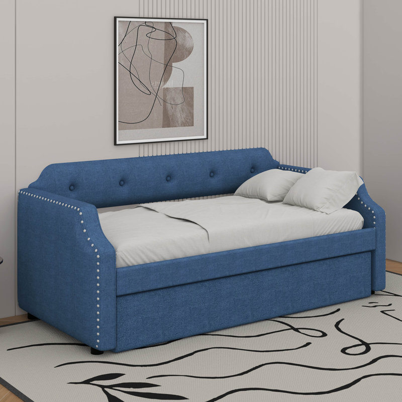 Twin Size Upholstered Daybed With Trundle, Blue
