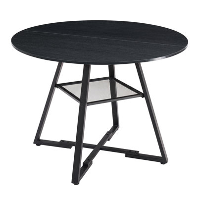 Industrial Round Dining Table with Cross Legs for 4 People, Fixed Kitchen Table with Mesh Storage Shelf