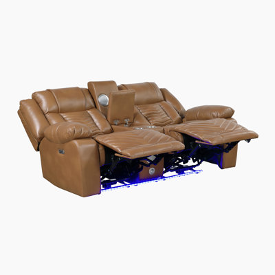 Causeuse inclinable électrique en similicuir de 78 po Marlow avec haut-parleurs sans fil, charge USB, éclairage DEL, porte-gobelets et rangement dissimulé.