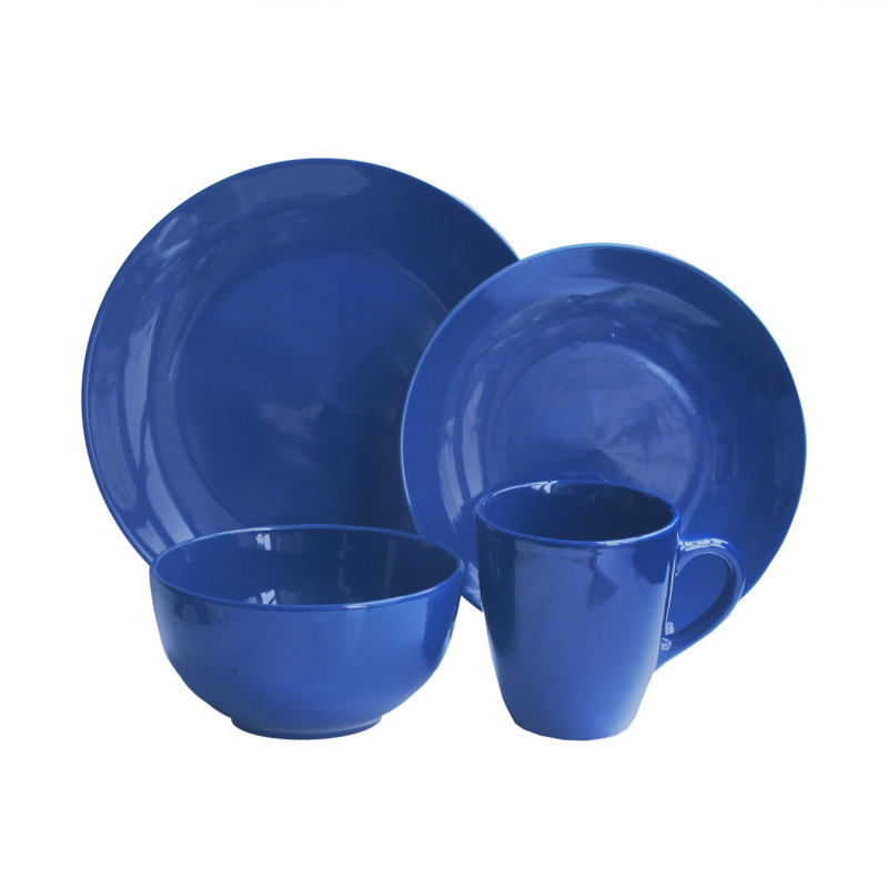 Rashawna Stoneware Dinnerware - Set of 16, Cobalt Blue