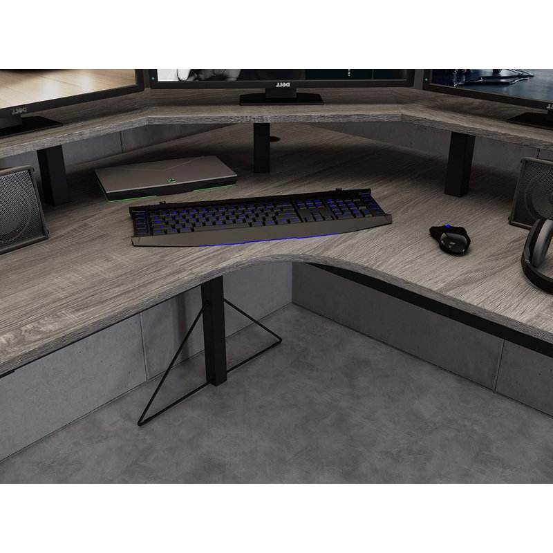 Professional Gaming L-Desk With Built-In Power Outlets, USB Ports, Elevated Monitor Stand, And Ample Storage
