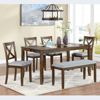 6 Piece Kitchen Dining Set, Rectangular Wooden Dining Table With 4 Upholstered Chairs And A Bench