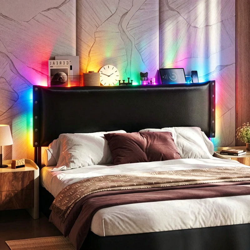 Tête de lit pour lit double, tête de lit tapissier rétro en cuir ciré à l'huile avec lumières DEL intelligentes (60 000 couleurs de bricolage), rangement dissimulé et ports USB / Type-C, hauteur réglable à 3 niveaux