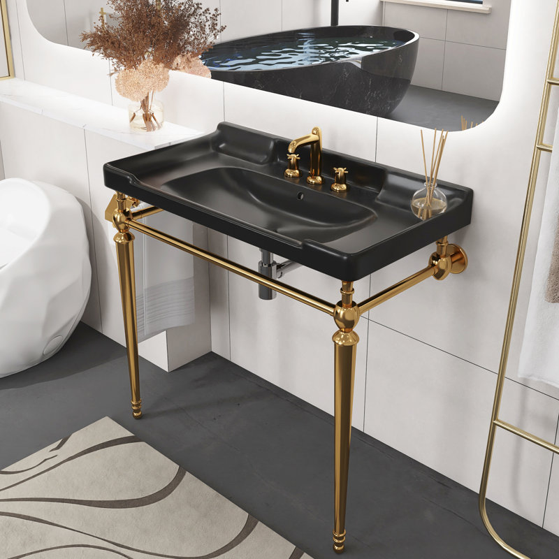 36" Bathroom Console Sink, Wall-Mounted Ceramic Vanity Basin With 3 Pre-Drilled Faucet Holes, Freestanding Stainless Steel Support Legs With Towel Bar
