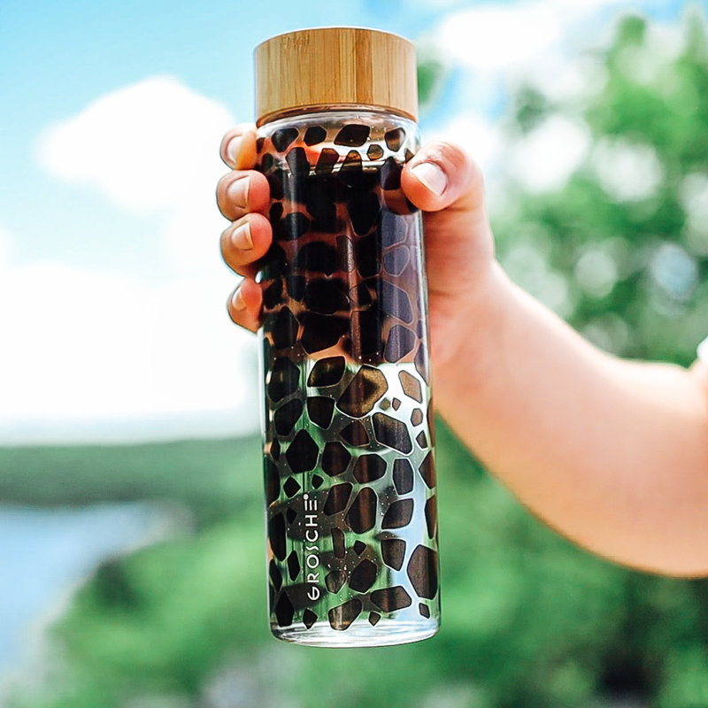 Bouteille d'eau en verre écologique avec couvercle en bambou et housse de protection GROSCHE VENISE (noir)