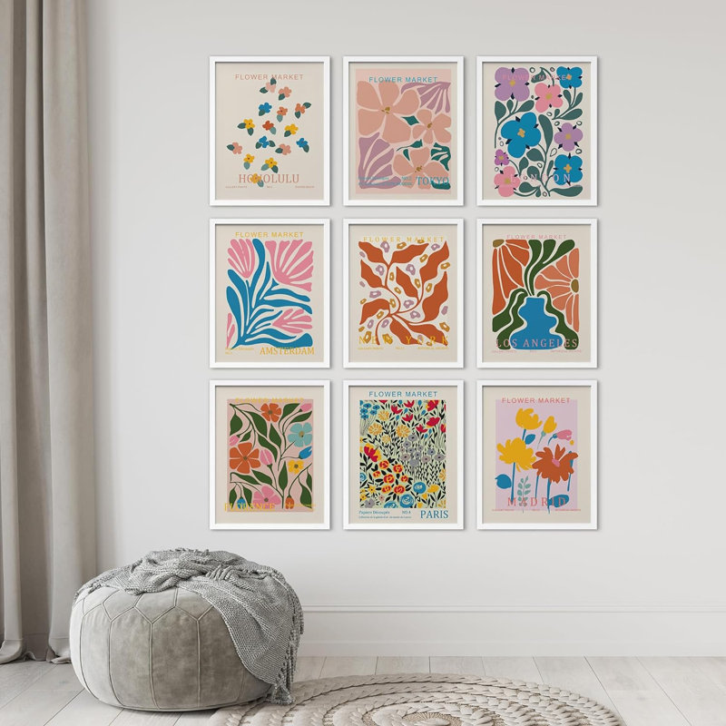 Multicolore, motif de fleurs roses, variété, nature sauvage, calme et bohème encadré sur papier, 9 pièces, L 8 po x H 10 po