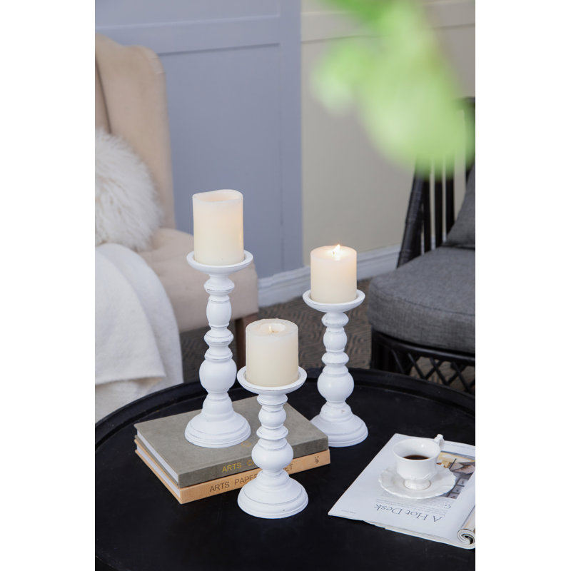 Wooden Pillar Candle Holders - Set of 3, White