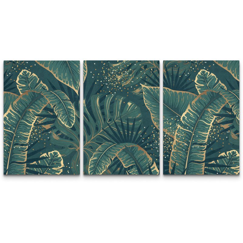 Feuilles tropicales vert foncé avec motif botanique doré - impression sur toile encadrée 3 pièces, H 24 po x l 48 po