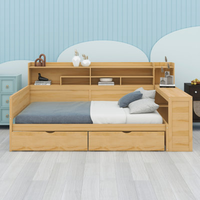 Lit de jour en bois avec tablettes de rangement, deux tiroirs de rangement et bureau d'étude