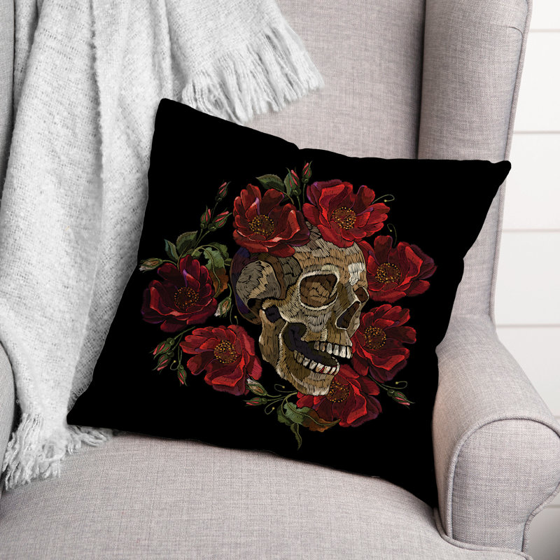 Black Skull and Red Floral Halloween Square Throw Pillow