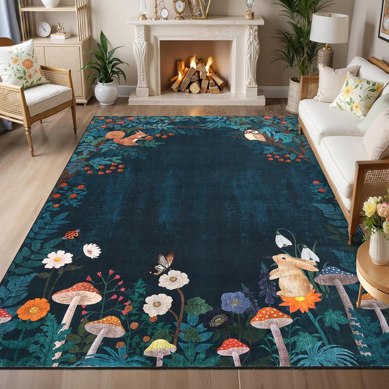 2x6 Washable Kitchen Rug, Non-Slip Jungle Animal Print, Low Pile, Stain-Resistant for Hallway, Entryway, Bathroom, Black
