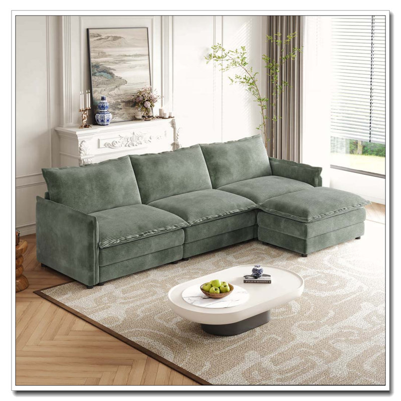 Corduroy Fabric 3-Seater Comfy Cloud Couch with Movable Footrest for Living Room, Green