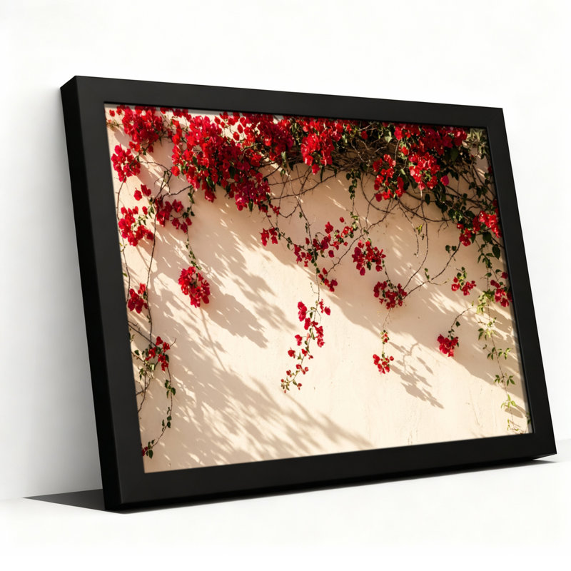 Toile noire encadrée en bois noir pour le salon, la chambre à coucher, le bureau ou le vestibule - décoration murale décorative avec fleurs rouges