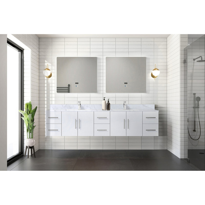 Meuble-lavabo double blanc l 84 po x P 22 po avec plateau en marbre. Fabriqué en bois massif, conception à fermeture en douceur, surface à gratter et à teindre, deux compartiments de rangement, une étagère à six tiroirs,