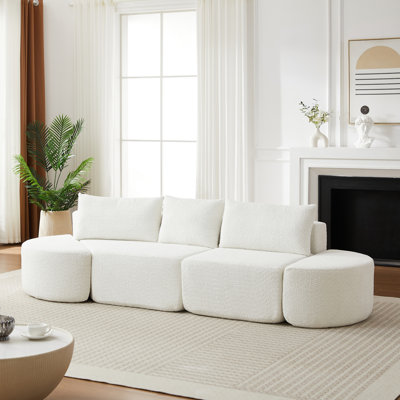 Ensemble de canapé modulaire en forme de V de 106,3 pouces en tissu chenille, comprenant trois coussins décoratifs et deux repose-pieds courbés, idéal pour les salons, les chambres à coucher et les bureaux. Beige