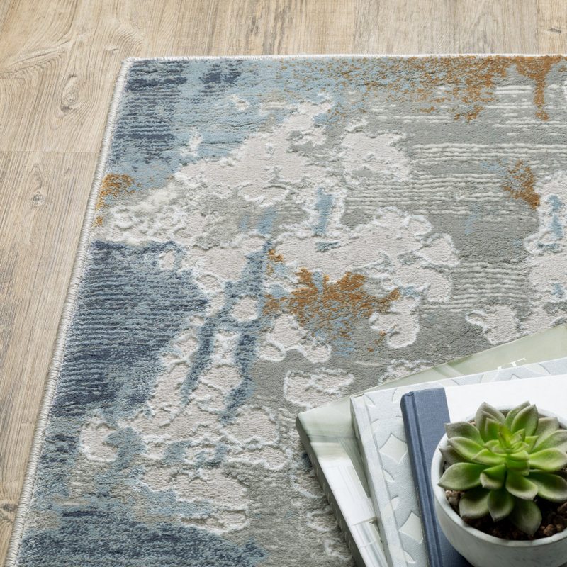 Tapis gris, bleu marine, ivoire et brun tissé à la machine 5 pi x 8 pi, Rectangle 5 pi x 8 pi
