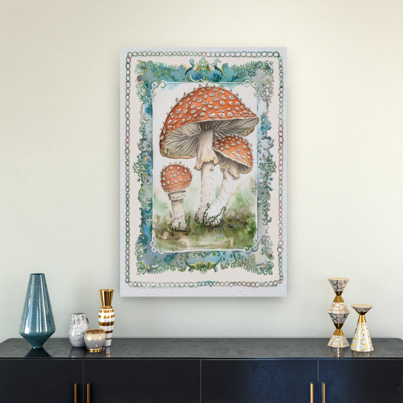 Fly Agaric Mushrooms Vibrant Whimsical Abstract Fly Forest Nature Wall Art Print 1 Piece Wrapped Canvas Wall Art