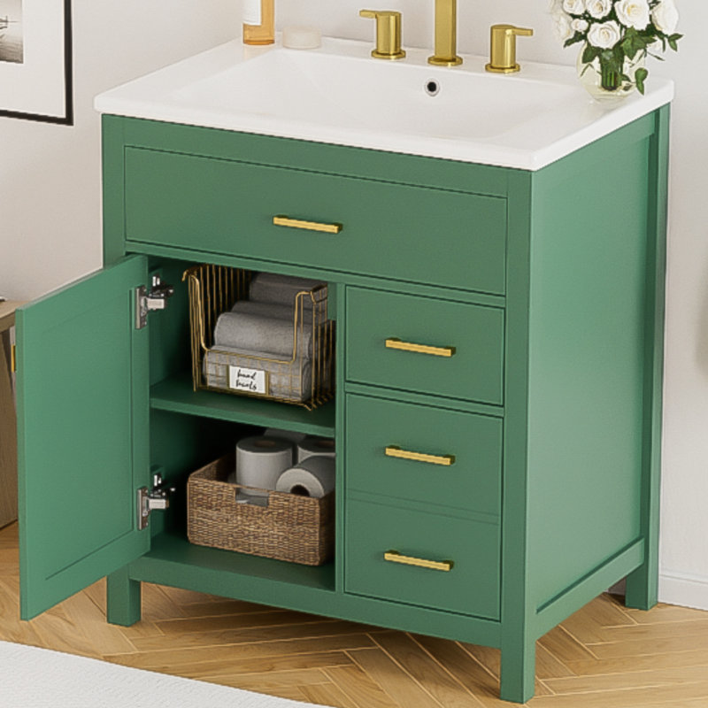 Meuble-lavabo vert 30 po avec lavabo en céramique et beaucoup de rangement
