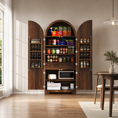 Armoire garde-manger arquée de 72 pouces avec portes cannelées et tiroir caché