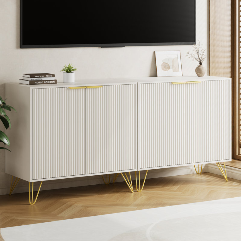 63” Wide Accent Cabinet, Fluted Sideboard Cabinet With Storage, White