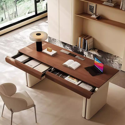 Italian-Style Light Luxury Electric Height-Adjustable Desk in Walnut Finish, Saddle Leather Standing Desk
