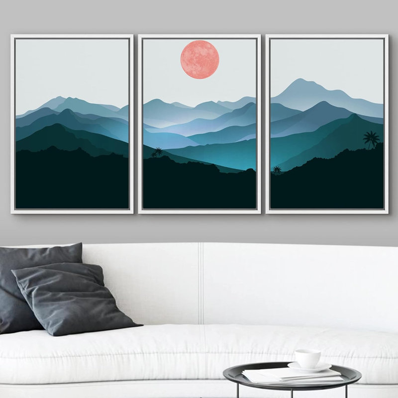 Abstract Mountain " Navy Blue Nordic Style Theme Abstract Sun And Mountains Simple And Minimalist Landscape " 3 - Pieces