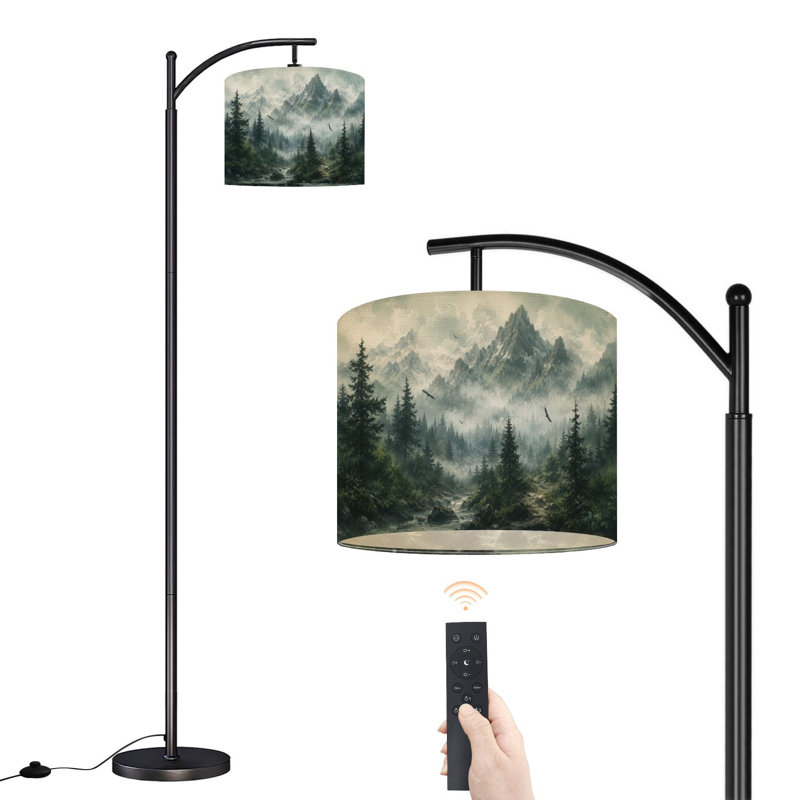 Lampe sur pied à arc avec abat-jour réglable, impression sur pied, forêt, ferme, cerf, montagne, arbres, brouillard, lampe sur pied, 3 températures de couleur, intensité variable, grand mât avec interrupteur au pied pour la chambre à coucher