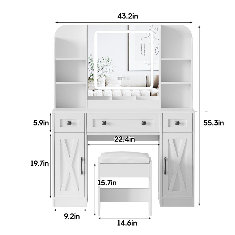 Miroir de salle de bain avec lumières et tabouret, Blanc