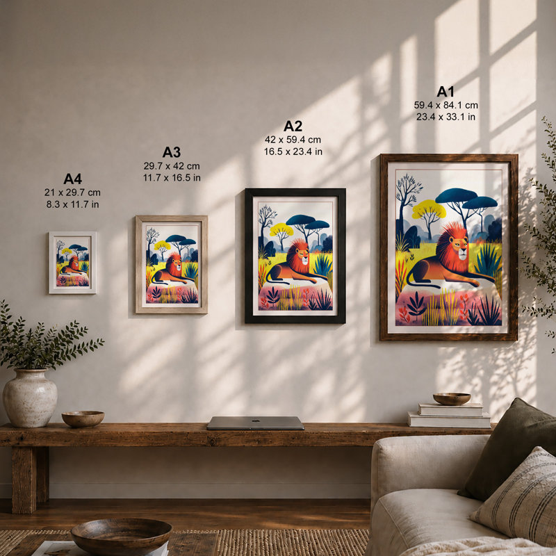 Lion In Savanna Modern - Print, A1 - 84.1 x 59.4 cm, Black