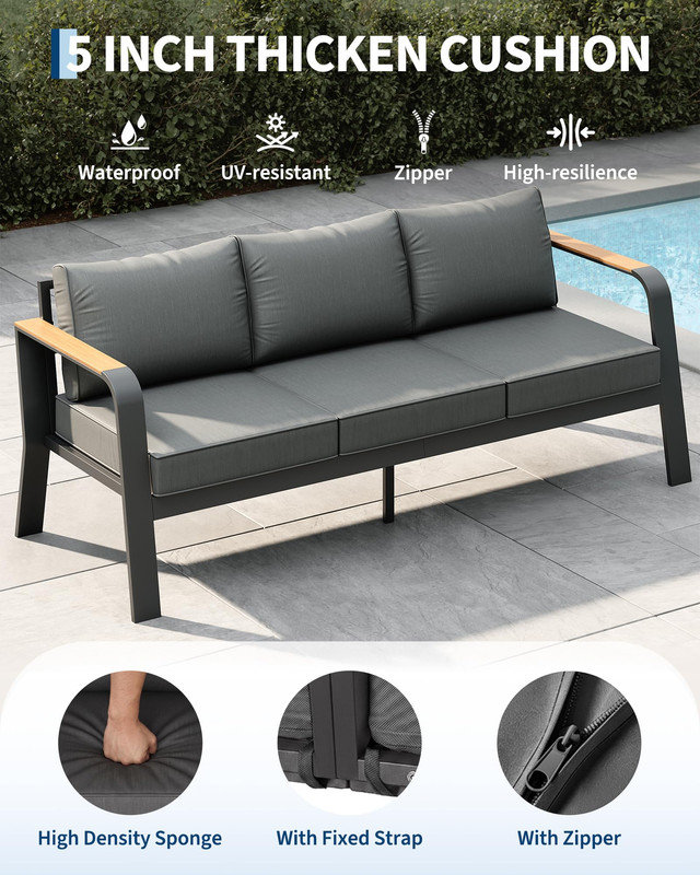 Ensemble de conversation 4 pièces avec table basse, gris - aluminium toutes saisons, coussins lavables pour patio / piscine / terrasse