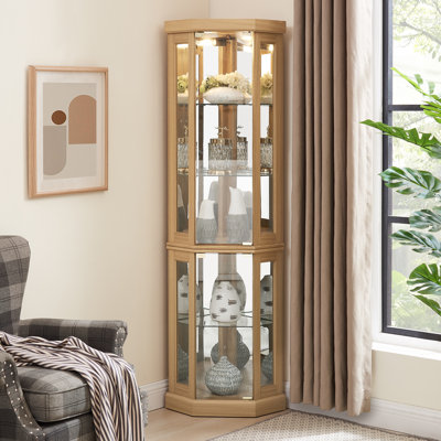 Corner Glass Cabinet Lighted Curio Cabinet Corner Display Case For Living Room, Curio Cabinet, Antique Collection, Wine,Bar Glass Storage Light Included, Light Oak
