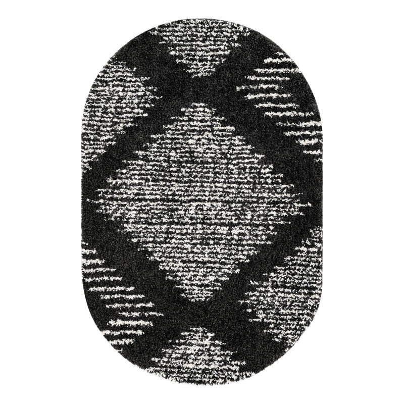 Tapis noir / blanc à motif abstrait Rodney, Ovale 5 pi 3 po x 8 pi
