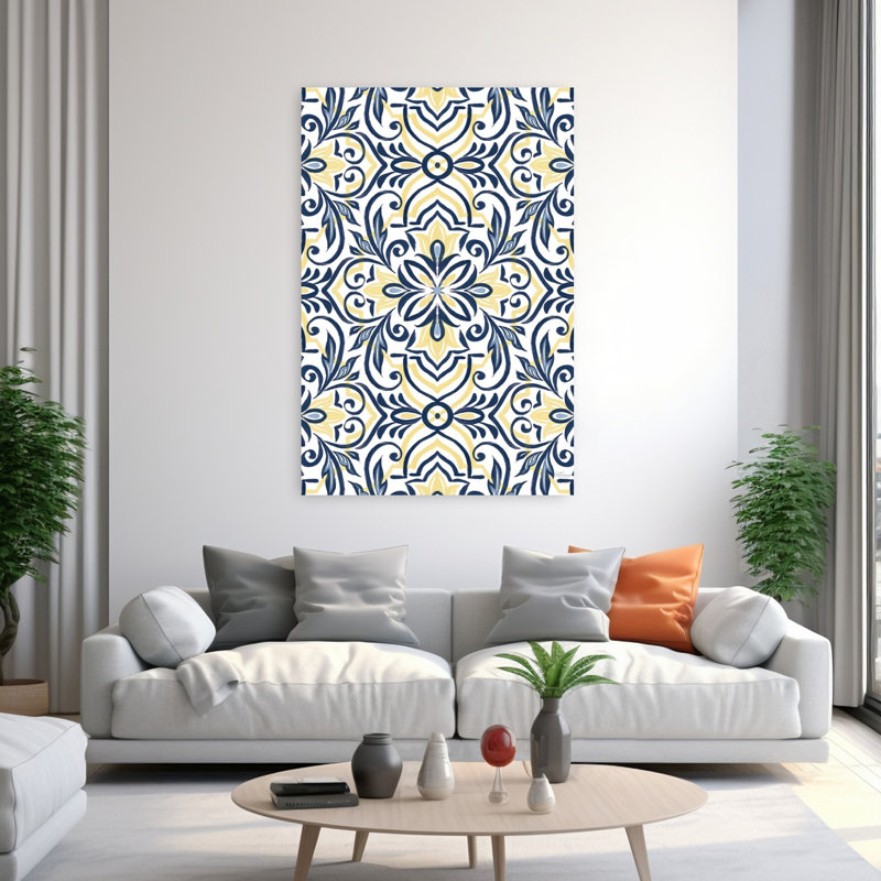 Bleu marine et carrelage jaune, art contemporain abstrait, H 60 po x l 40 po