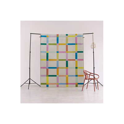 Beige Multi Color Geometric Square Frame Pattern Modern Decorative Machine Washable Area Rug
