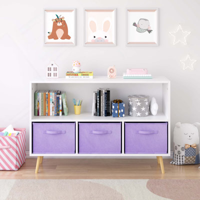Kids bookcase with Collapsible Fabric Drawers, Children's Book Display, Toy Storage Cabinet Organizer, White/Purple