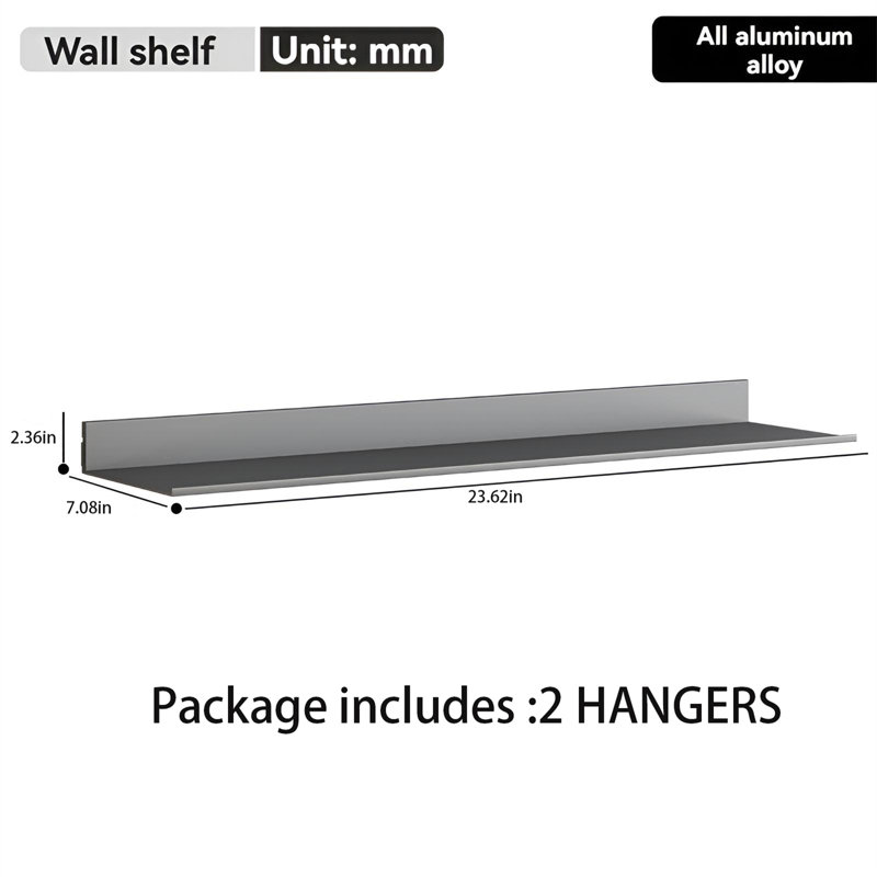 Aluminum Alloy Wall-Mounted Shelf, Gray, 2.36'' H x 23.62'' W x 7.08'' D