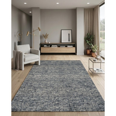 Dark Blue 100% Wool Handmade Solid Plain Rectangle Hand Tufted Indoor Area Rug