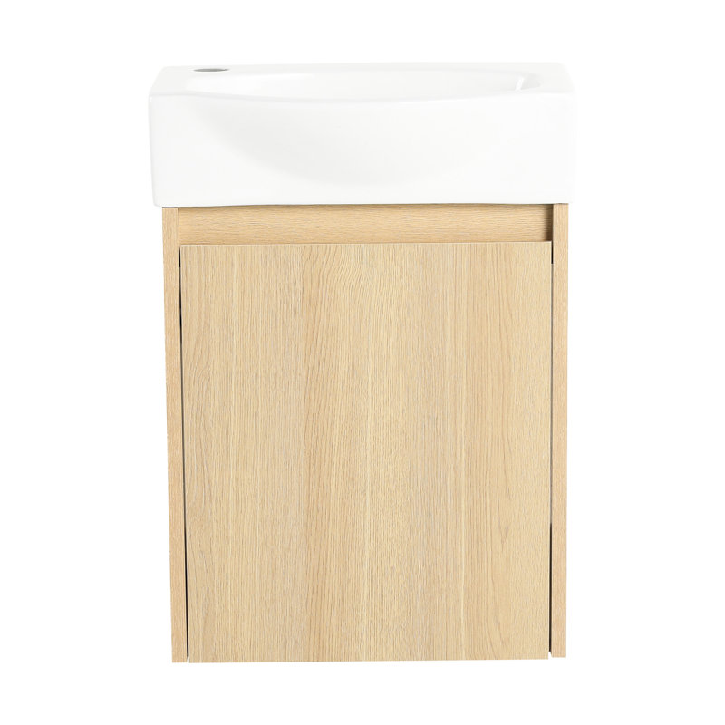 Petite armoire de salle de bain 16 po avec lavabo en céramique, meuble-lavabo moderne en chêne pour les espaces compacts, facile à entretenir, salle de bain élégante et élégante, charnière à entretenir