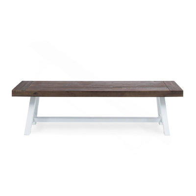 Dark Brown Sandblast Finish Acacia Wood Dining Bench With White Rustic Metal Finish Frame