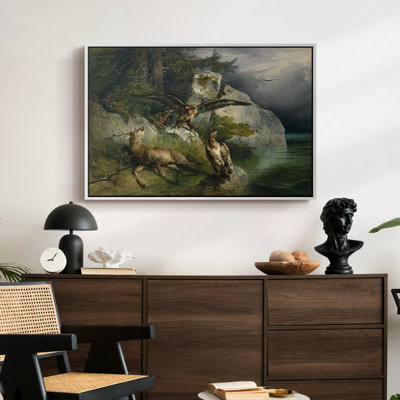 Eagles and Diving Stag on a Lakeshore, 1836 - Art encadré sur toile encadrée, Gauermann