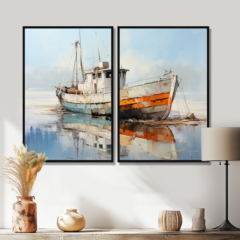 Bateau de pêche au port III - décor mural bord de mer, 36" H x 48" W, Impression encadrée flottante, Black