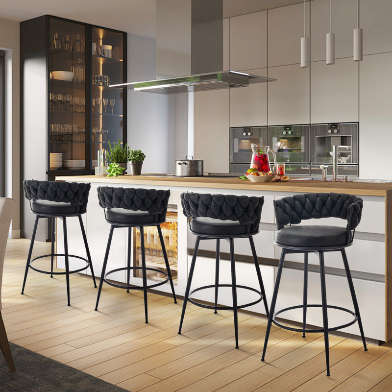 Bohdalice PU Leatherette Bar Stool (set of 2), With Braided Backrest And Footrest, Swivel Bar Stool, Seat Height 90.93cm, For The Kitchen, Dining Room And Home Bar