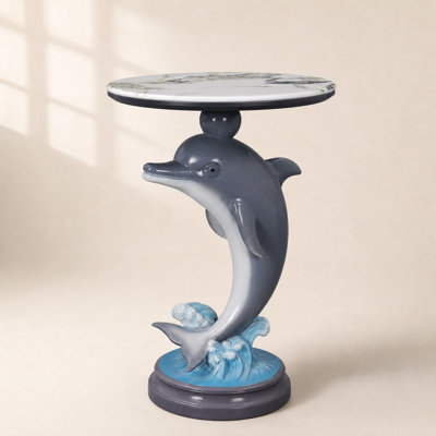 17.72" Dolphin Resin Accent Side Table with Faux Marble Round Top, Coastal Animal Sculpture End Table