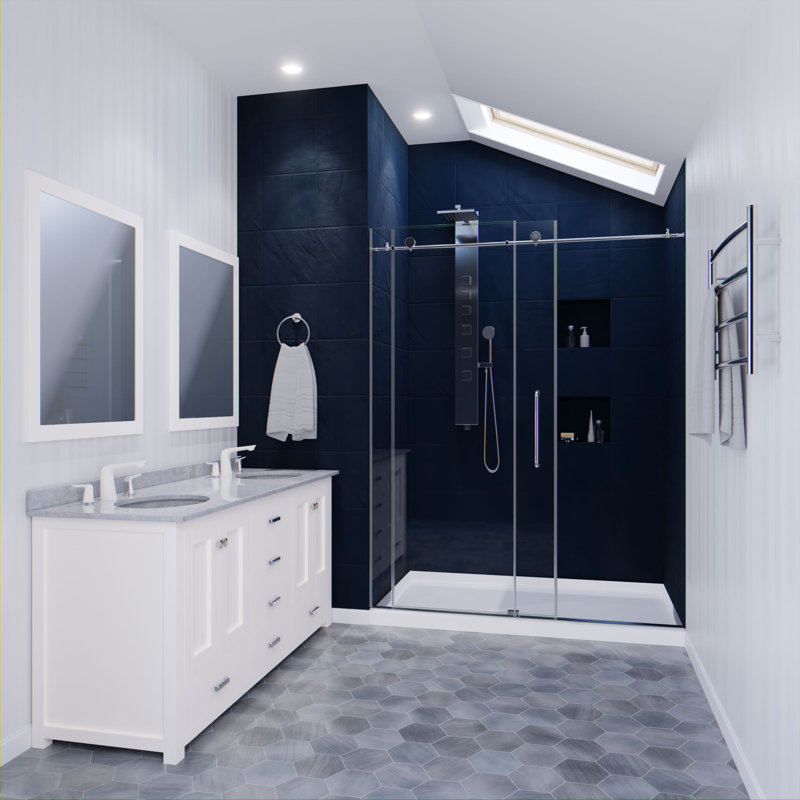 Madam Series 29.13 in. W x 76 in. H Single Added Frameless Shower Door with Clear Glass, Polished Chrome