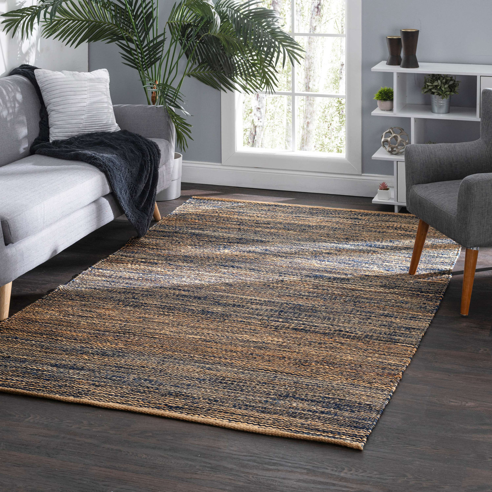 Striped Blue/Natural Handwoven Jute Rug, Rectangle 6' x 9'