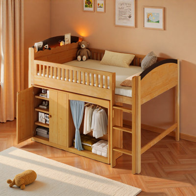 Loft Bed With Storage Cabinet, Wardrobe With A Cloth Curtain, Led Design And Stairs