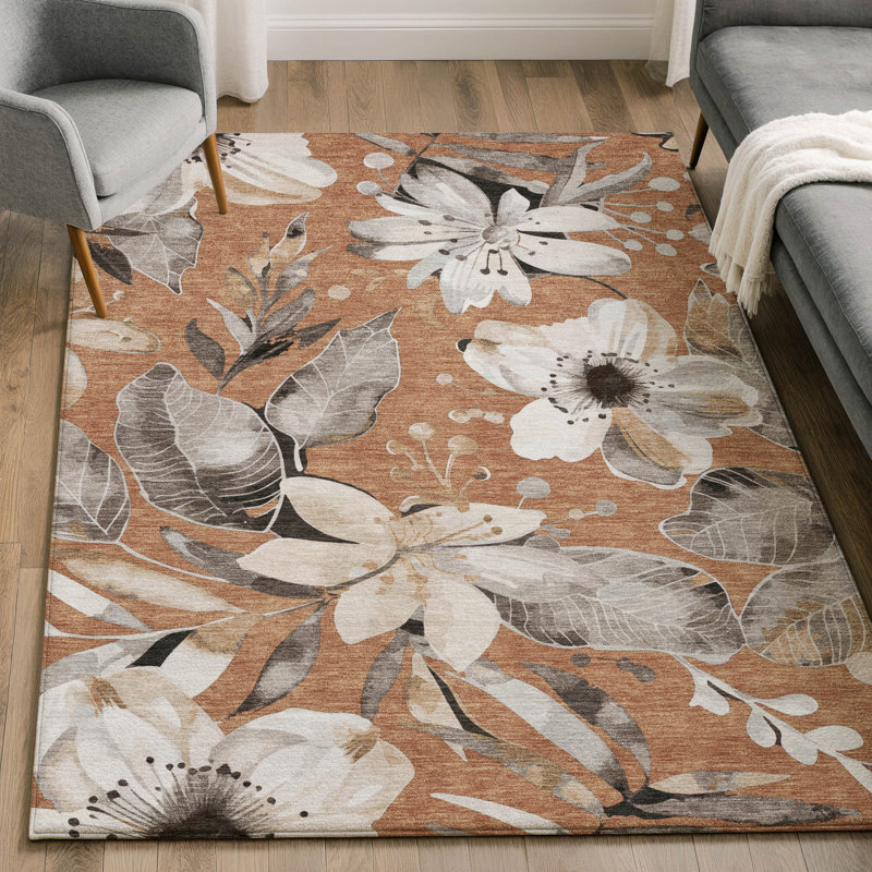 Tapis floral lavable à la machine de qualité supérieure Mayfield AMF2260, Cuivre, 5 pi x 7 pi 6 po