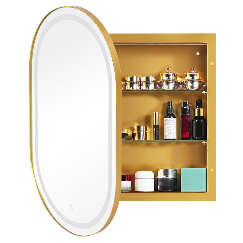 LED Lighted Oval Wall-Mounted Medicine Cabinet With Mirror Door And Interior Shelves, Gold