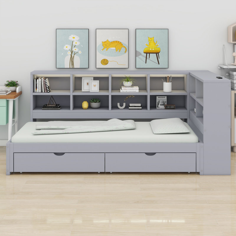 Multifunctional Daybed with LED Light & Storage Drawers, Gray