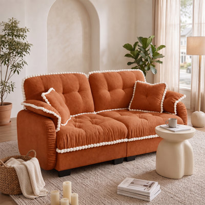 Orange 2 Seat Chenille Cloud Sofa with Deep Tufted Cushions and Pom Pom Trim